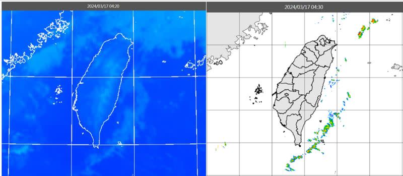 圖：今(17日)晨4：20紅外線色調強化雲圖顯示，中層雲漸消散(左圖)。4：30雷達回波合成圖亦顯示，台灣上空無降水回波(右圖)。