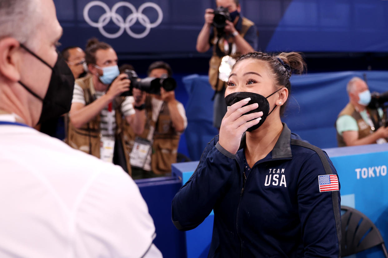 Sunisa Lee now has three medals at these Olympics after her bronze in the uneven bars. (Photo by Laurence Griffiths/Getty Images)