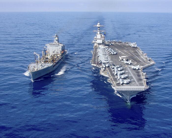 USS Gerald R. Ford aircraft carrier refuels from the underway replenishment oiler USNS Laramie in the eastern Mediterranean Sea, Oct. 11, 2023. (U.S. Navy photo via AP)