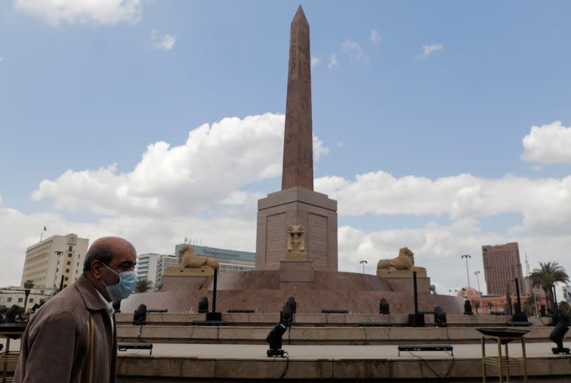 FILE PHOTO: The Ramses II obelisk is seen after the renovation of Tahrir Square for transferring 22 mummies from the Egyptian Museum, in Tahrir, to the National Museum of Egyptian Civilization, in Fustat, in Cairo