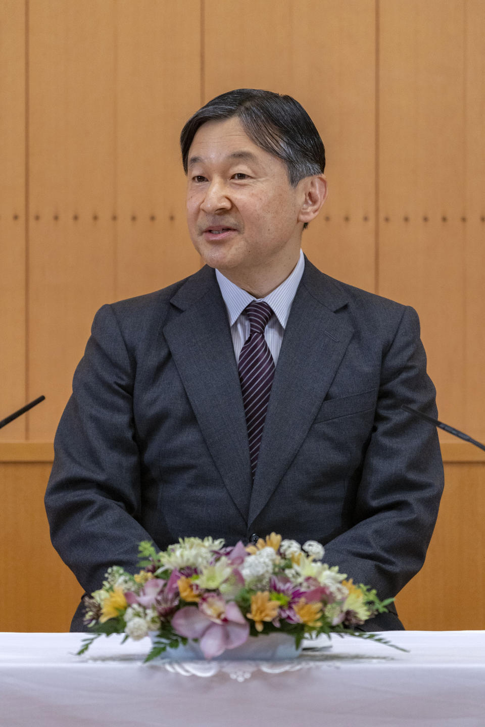 In this Feb. 19, 2021, photo provided by the Imperial Household Agency of Japan, Japan's Emperor Naruhito speaks during a press conference on the occasion of his 61st birthday on Feb. 23 at Akasaka Palace in Tokyo. Naruhito celebrated 61st birthday on Tuesday, Feb. 23, 2021. (The Imperial Household Agency of Japan via AP)