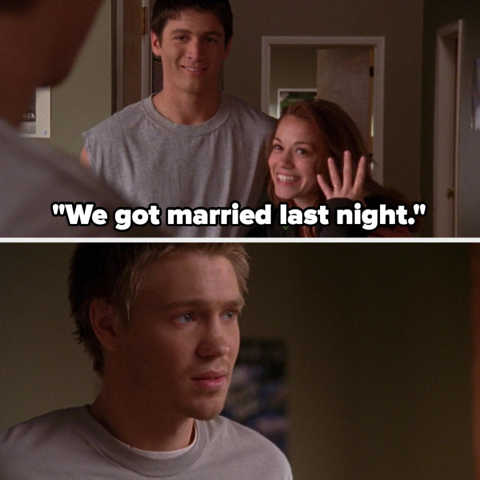 holding up her left hand with a ting on it, Haley tells Lucas she got married to Nathan the night prior