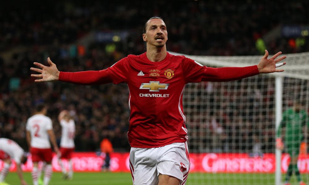 Zlatan Ibrahimovic celebrates scoring Manchester United’s winning goal during their 3-2 EFL Cup final win over Southampton.