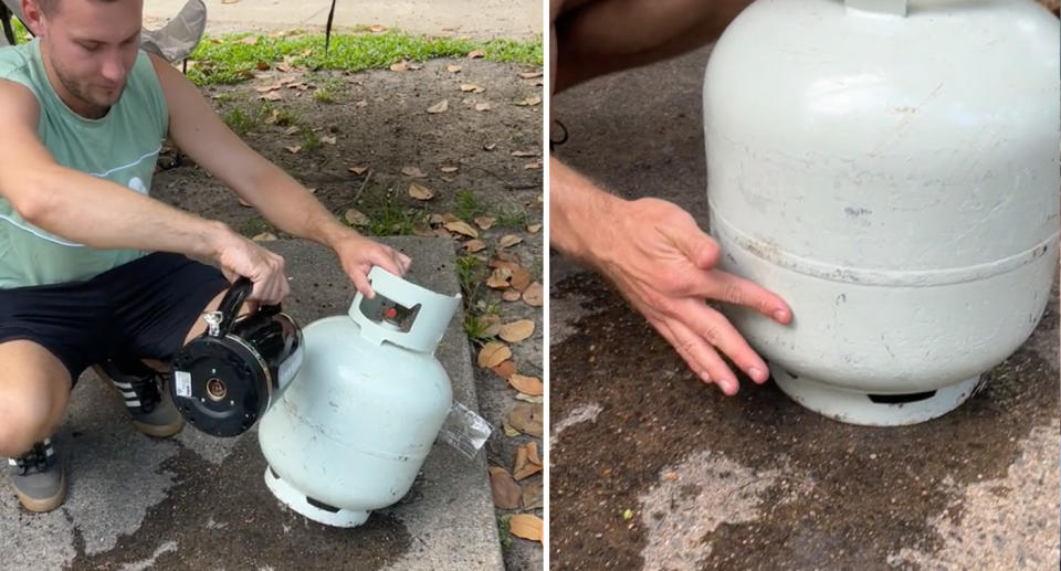 Luke pours hot water on a gas canister from a kettle (left) and feels the side of it with his index finger (right).