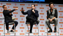 <p><em>Full House</em> stars Dave Coulier, Bob Saget and John Stamos share a laugh onstage during a mini cast reunion at MegaCon Orlando 2021.</p>