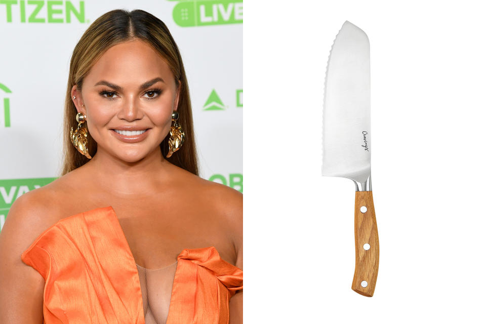 <p>The star calls it her "go-to" knife for a reason. The wood handle feels great in the hand, and the 7" serrated blade easily slices slippery onions and glides through tomatoes and bread without squishing. <em>Chrissy's Go-To</em> <i>Santoku knife, $24, <a href="https://cravingsbychrissyteigen.com/chrissys-go-to-santoku-knife" rel="nofollow noopener" target="_blank" data-ylk="slk:cravingsbychrissyteigen.com;elm:context_link;itc:0;sec:content-canvas" class="link ">cravingsbychrissyteigen.com</a></i></p>