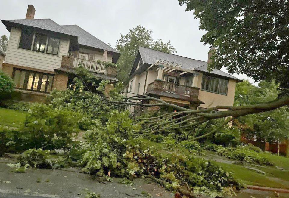 Significant tree damage can be seen along West Washington Boulevard in Milwaukee Sunday evening. A cluster of strong thunderstorms cut across central and southeastern Wisconsin Sunday evening.