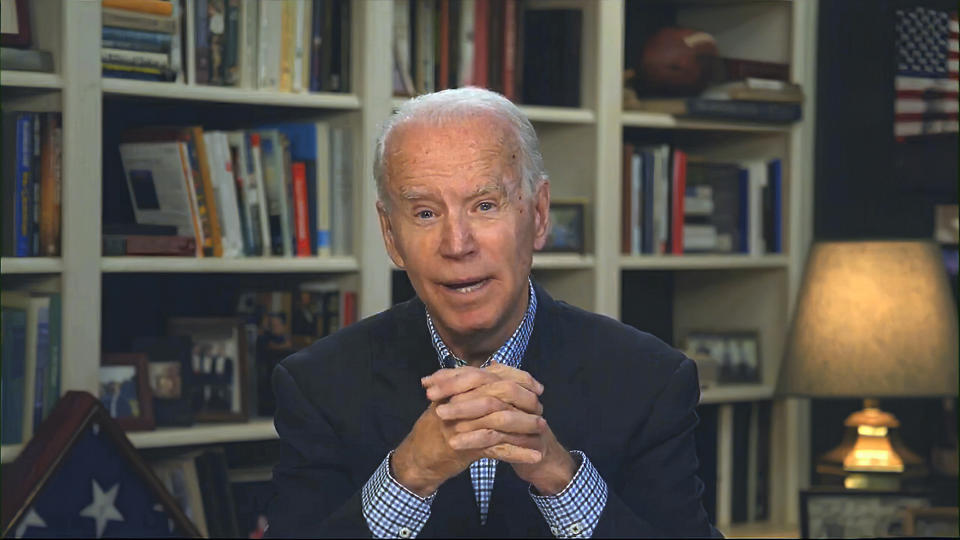 In this image from video provided by the Biden for President campaign, Democratic presidential candidate former Vice President Joe Biden speaks during a virtual press briefing Wednesday, March 25, 2020. (Biden for President via AP)