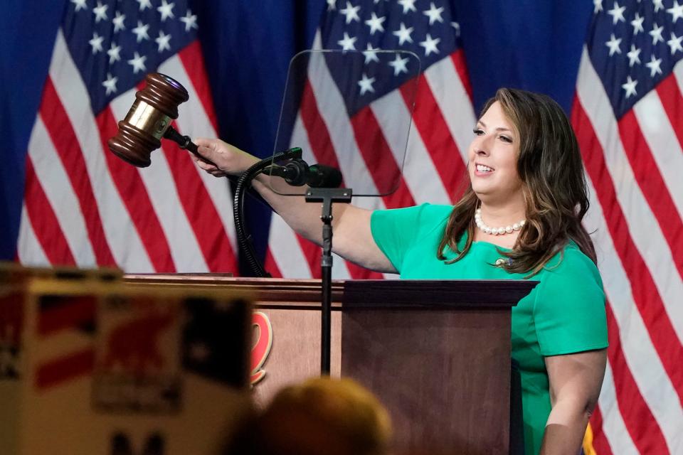 Republican National Committee Chairwoman Ronna McDaniel gavels in the opening of the Republican National Convention in 2020 in Charlotte, N.C.