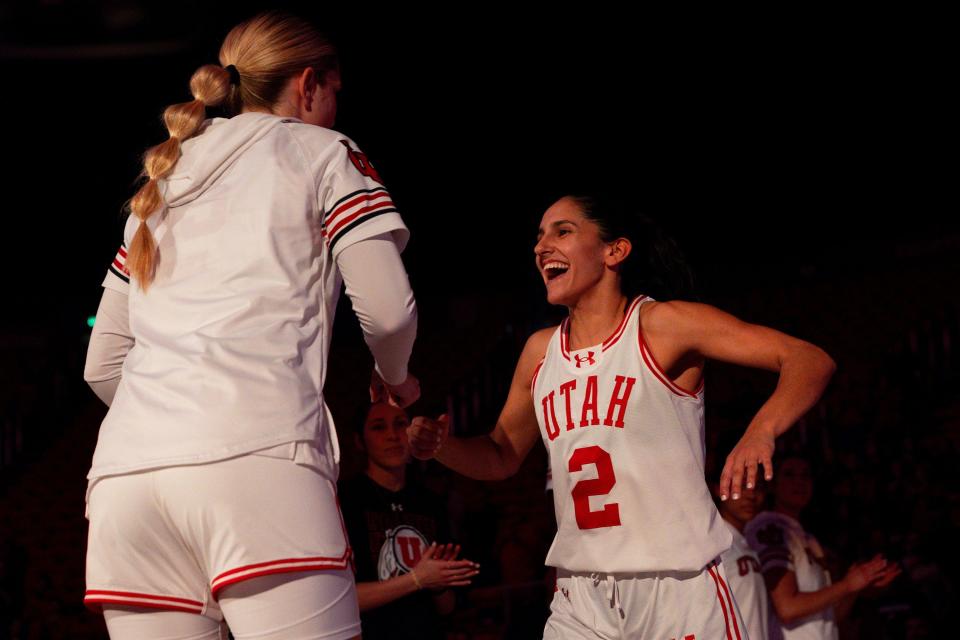 Utah Utes guard Ines Vieira (2) is welcomed to the floor as part of the Utah Utes starting lineup before the women’s college basketball game against Weber State University at the Jon M. Huntsman Center in Salt Lake City on Thursday, Dec. 21, 2023. | Megan Nielsen, Deseret News