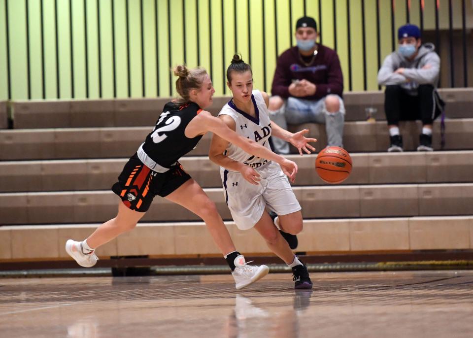 Viborg-Hurley's Coral Mason knocks the ball from the hands of White River's Maleighya Estes on Friday, Feb. 12, at the Corn Palace in Mitchell, SD.