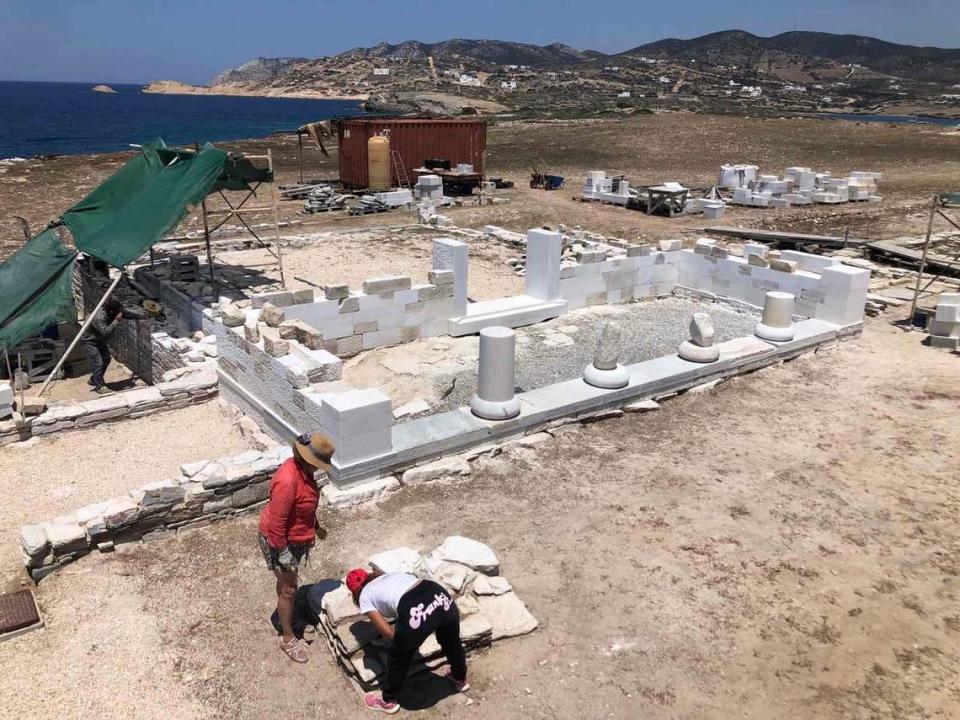 A ruined religious building during restoration work.