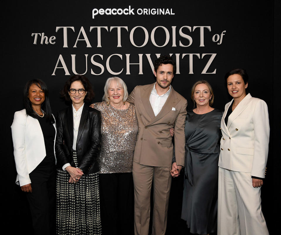 The Tattooist of Auschwitz NYC Screening (l-r) Val Boreland, Executive Vice President, Content Acquisition, TV and Streaming, NBCUniversal; Cécile Frot-Coutaz, CEO, Sky Studios; Heather Morris, Author; Jonah Hauer-King; Claire Mundell, Executive Producer; Tali Shalom-Ezer, Director, Co-Executive Producer at the Museum of Jewish Heritage on April 18, 2024