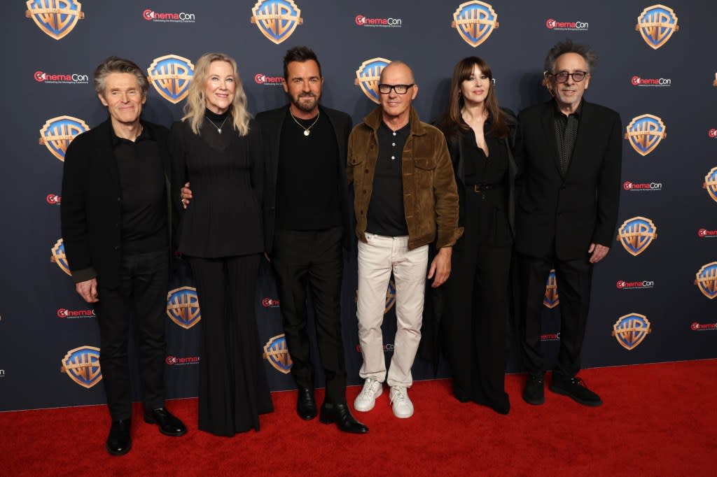 “Beetlejuice Beetlejuice” stars Willem Dafoe (from left), O’Hara, Justin Theroux, Keaton, Monica Bellucci and director/producer Tim Burton attend CinemaCon on April 10. Getty Images for Warner Bros.