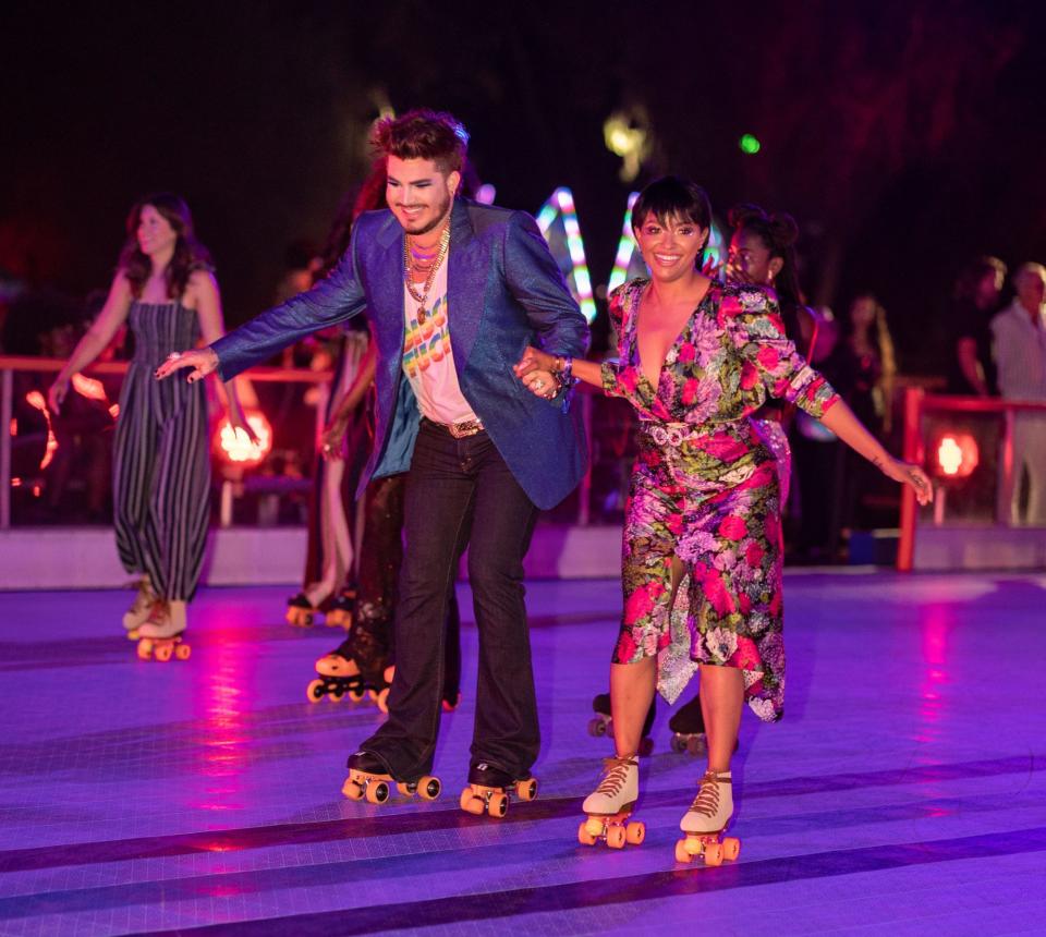 <p>Adam Lambert and Kat Graham attend VIP Night of The DiscOasis at the South Coast Botanic Garden with Groovemaster Nile Rodgers on July 21 in Palos Verdes Estates, California.</p>