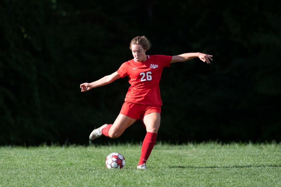 Neshaminy forward Angelina Daino kicks the ball against Pennridge at Neshaminy High School on Tuesday, Sept. 20, 2022. The Skins defeated the Rams at home 2-1.