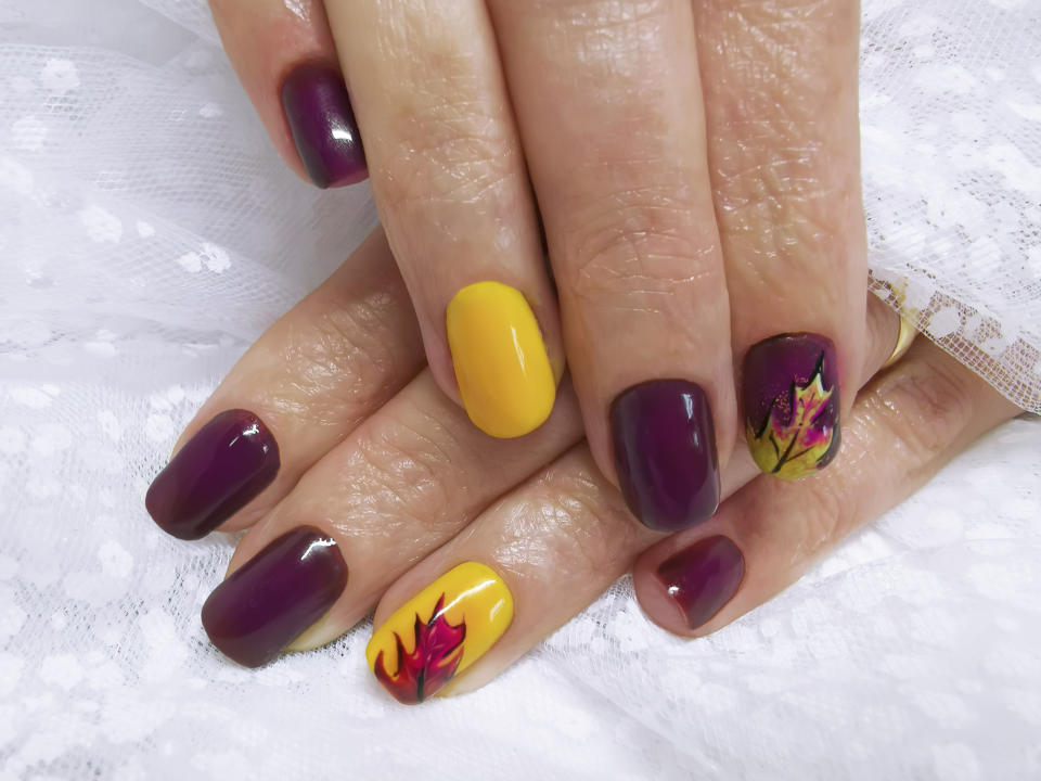 Yellow and Burgundy nails