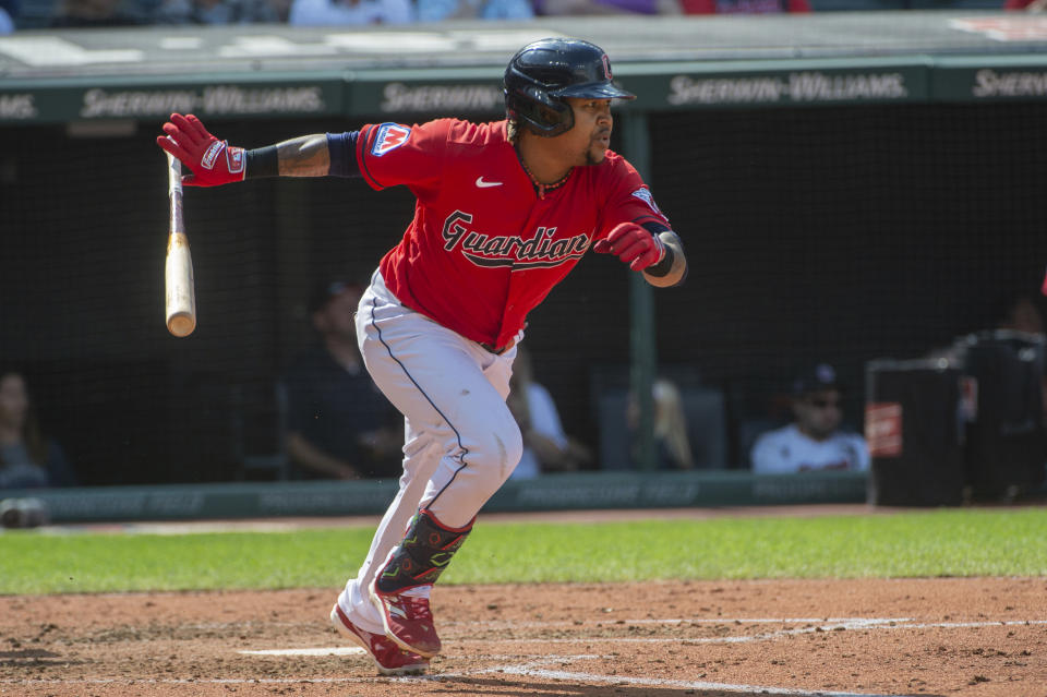 Cleveland Guardians' Jose Ramirez watches his ground out to Texas Rangers relief pitcher Jonathan Hernandez during the fourth inning of a baseball game in Cleveland, Sunday, Sept. 17, 2023. (AP Photo/Phil Long)