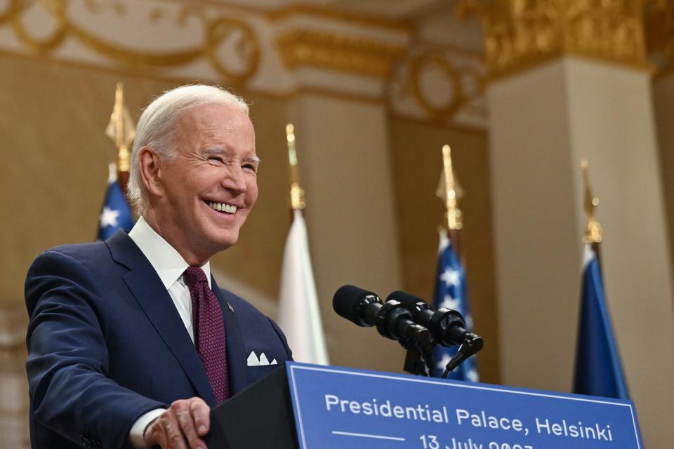 US President Joe Biden addresses a joint press conference with Finland's President after the US-Nordic leaders summit in Helsinki on July 13, 2023. (Photo by ANDREW CABALLERO-REYNOLDS / AFP) (Photo by ANDREW CABALLERO-REYNOLDS/AFP via Getty Images) ORIG FILE ID: 1529801404