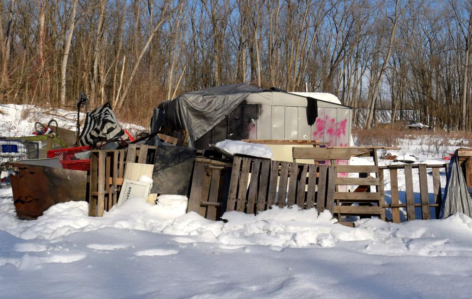 An individual shelter in Ithaca's homeless encampment. Located in southwest Ithaca behind Walmart, the homeless encampment is commonly referred to as "the Jungle." While the number of people living in the Jungle varies, there is estimated to be about 60 individuals currently living there.