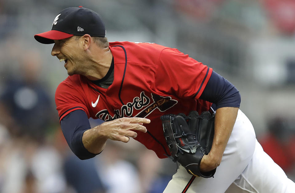 Atlanta Braves pitcher Charlie Morton works against the Washington Nationals during the first inning of a baseball game Friday, July 8, 2022, in Atlanta. (AP Photo/Ben Margot)