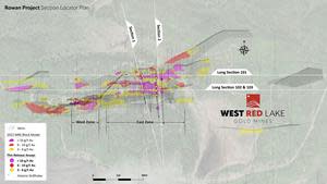 FIGURE 1. Deposit-scale plan map of Rowan Mine Target area showing traces and intercepts for holes highlighted in this News Release.