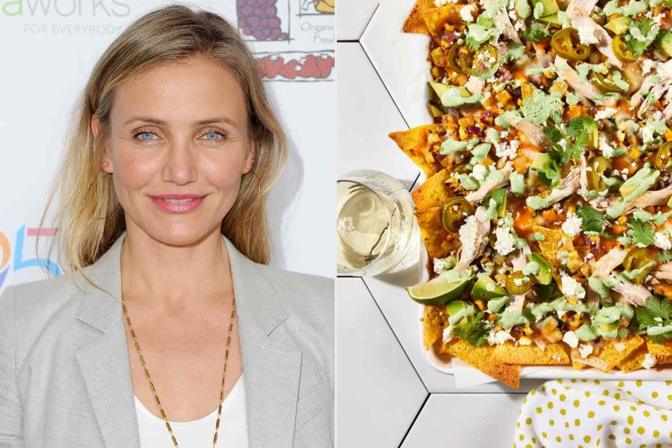 <p>Jon Kopaloff/FilmMagic; Jen Causey</p> Cameron Diaz and her Pulled Chicken Nachos With Corn, Zucchini, Squash & Cilantro Crema