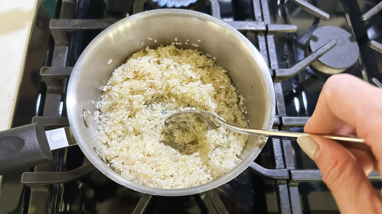 toasting rice in saucepan