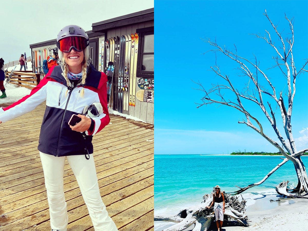 Katherine Parker-Magyar in ski attire (left), Katherine Parker-Magyar sitting on beach tree