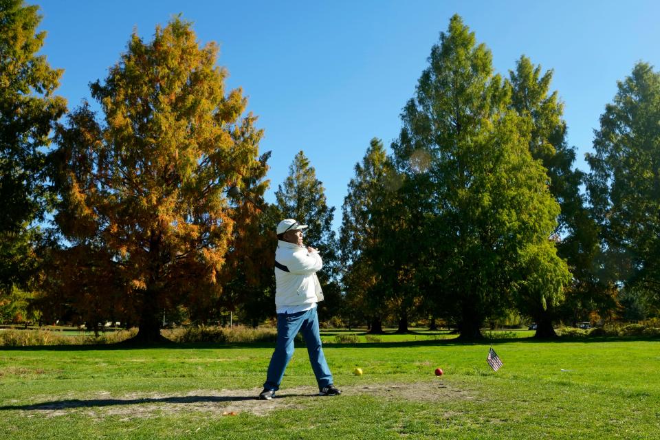 Lobsang Salaka  is shown in Emerson, on Thursday.  Salaka, who served in the U.S. Army, from 2006-2016, and other veterans were at Soldier Hill County Golf Course, for the PGA Hope Veterans Clinic.Thursday, October 27, 2022