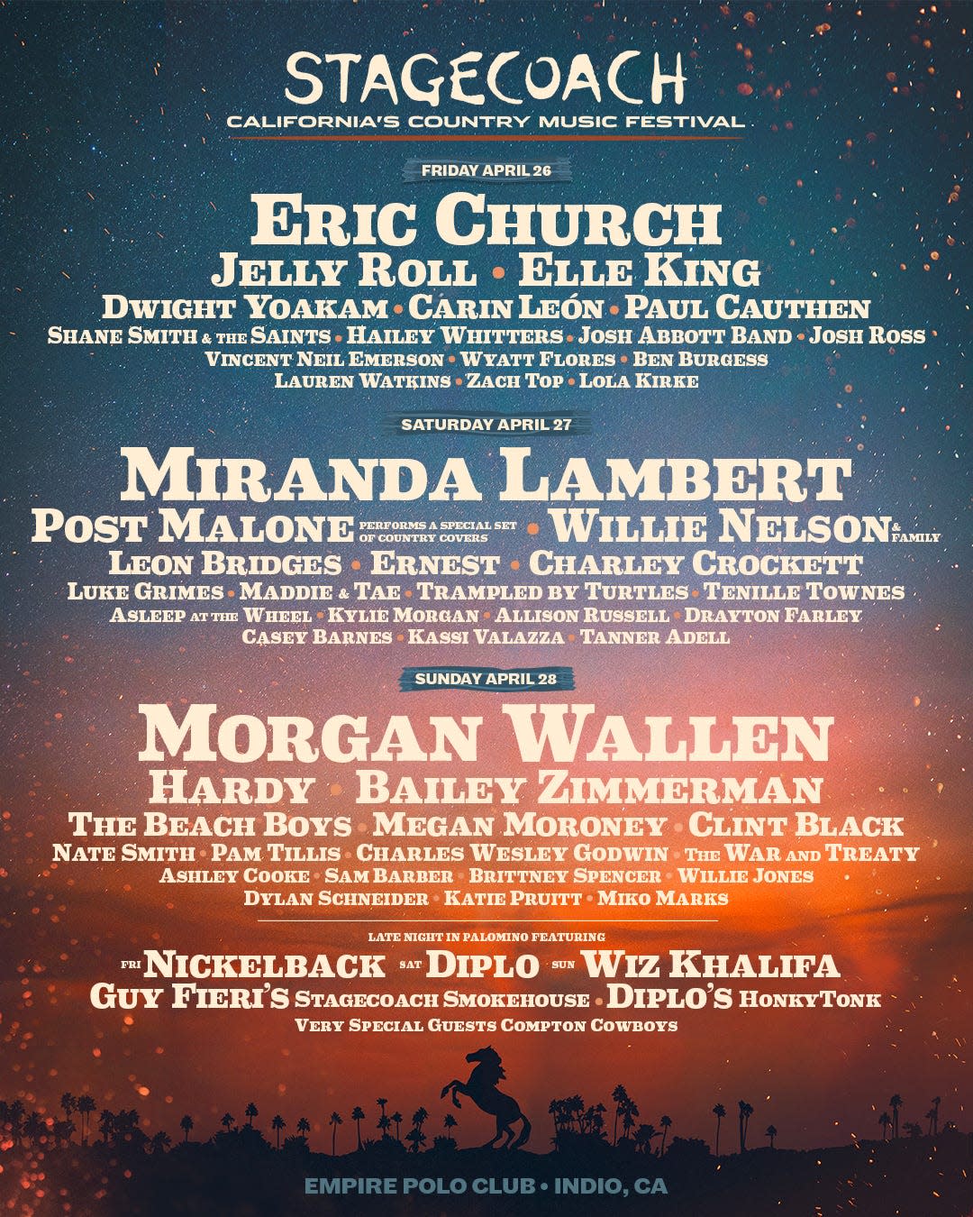 Eric Church, Miranda Lambert and Morgan Wallen will headline 2024's Stagecoach Festival from April 26-28, 2024