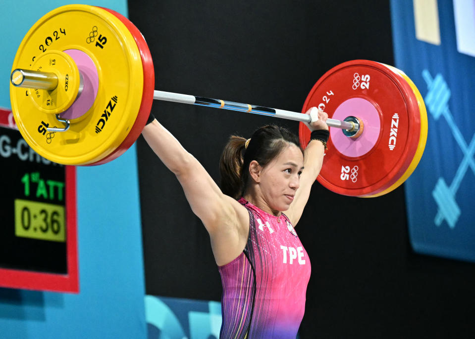 Taiwan's Kuo Hsing-chun competes in the women's -59kg weightlifting event during the Paris 2024 Olympic Games at the South Paris Arena in Paris, on August 8, 2024. (Photo by Miguel MEDINA / AFP) (Photo by MIGUEL MEDINA/AFP via Getty Images)