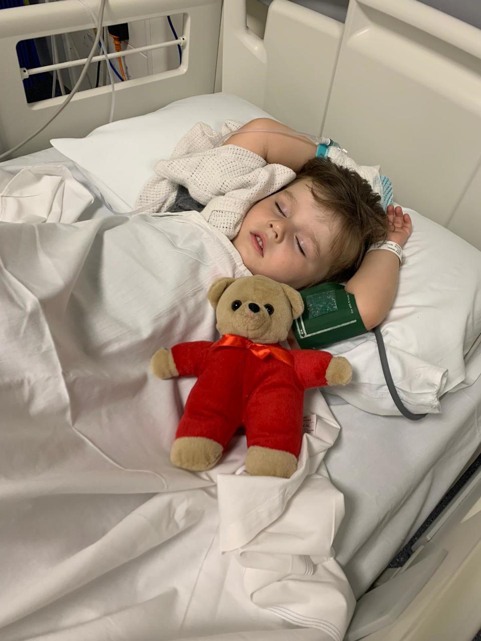 Lewis Wise (pictured) in a hospital bed after being bitten by a snake. His dad, Daniel, has issued a warning.