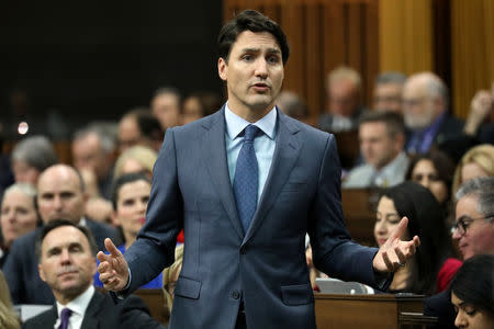 Canada's Prime Minister Justin Trudeau speaks during Question Period in the House of Commons on Parliament Hill in Ottawa, Ontario, Canada, April 3, 2019. REUTERS/Chris Wattie