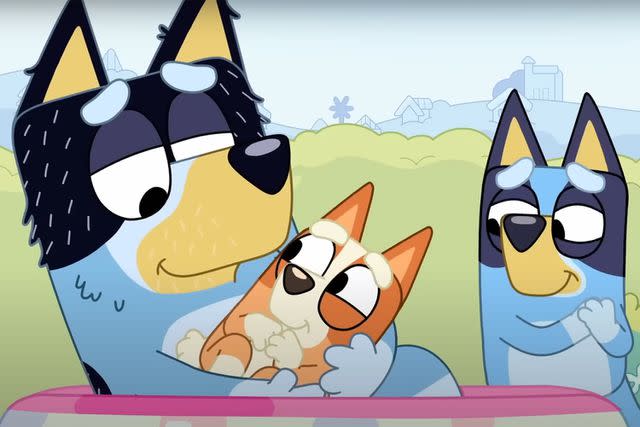 <p>Bluey - Official Channel/Youtube</p> Bandit, Bingo and Bluey in 'Dad Baby'
