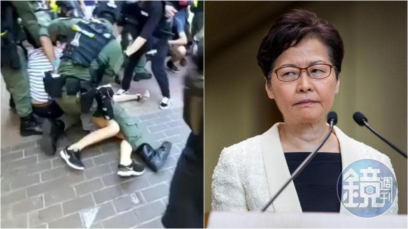 12歲少女遭港警粗暴壓制，香港特首林鄭月娥（右）表示，有不滿可以投訴。（翻攝科大電台新聞組臉書／本刊資料照）