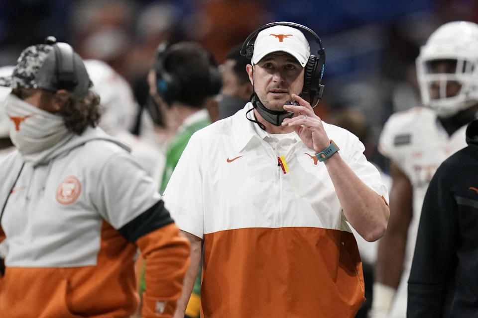 Texas coach Tom Herman watches from the sideline during the first half of the team's Alamo Bowl on Dec. 29, 2020. (AP)