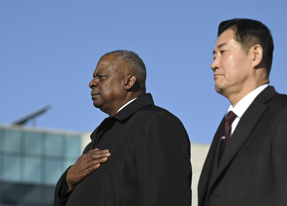 U.S. Secretary of Defense Lloyd Austin, left, and South Korean Defense Minister Shin Won-sik, right, attend a welcome ceremony before their annual security meeting at the Defense Ministry in Seoul, Monday, Nov. 13, 2023. (Jung Yeon-je/Pool Photo via AP)