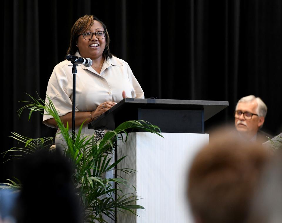 Del. Sheree Sample-Hughes, D-Wicomico/Dorchester, speaks at the Beaver Run Elementary School rededication ceremony on Thursday, May 11, 2023, in Salisbury, Maryland.