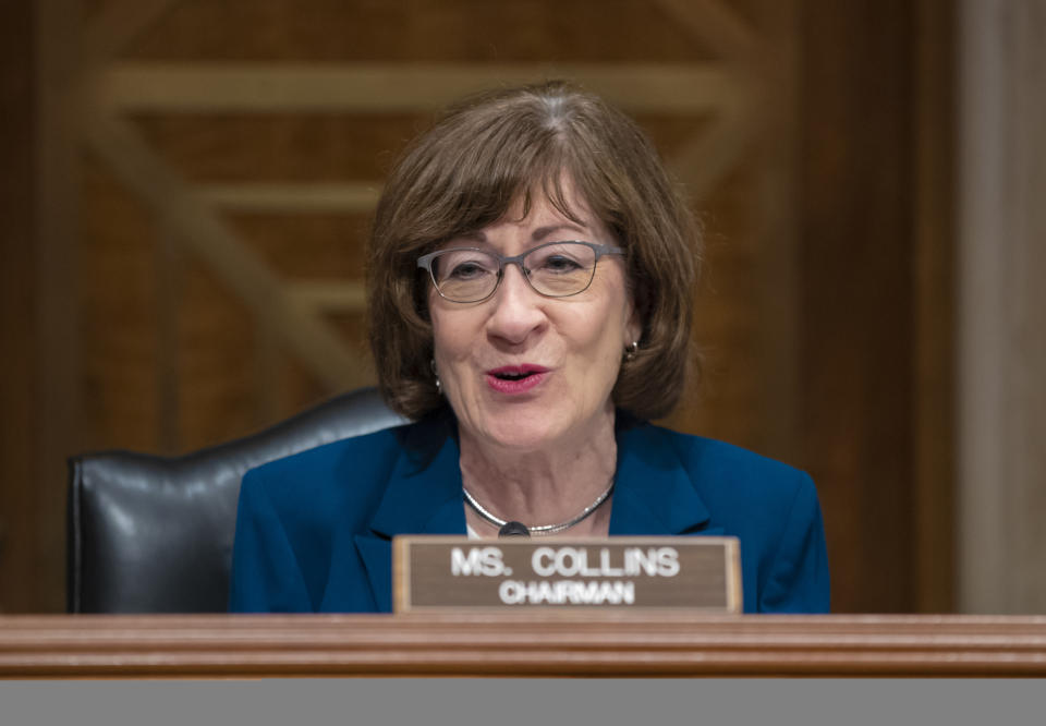 FILE- In this Oct. 3, 2018, file photo Sen. Susan Collins, R-Maine, chairs the Senate Special Committee on Aging on Capitol Hill in Washington. Collins is "getting ready to run" for re-election, she said during a television appearance Sunday, Jan. 6, 2019, but she reiterated that she won't make a decision until the end of the year. (AP Photo/J. Scott Applewhite, File)