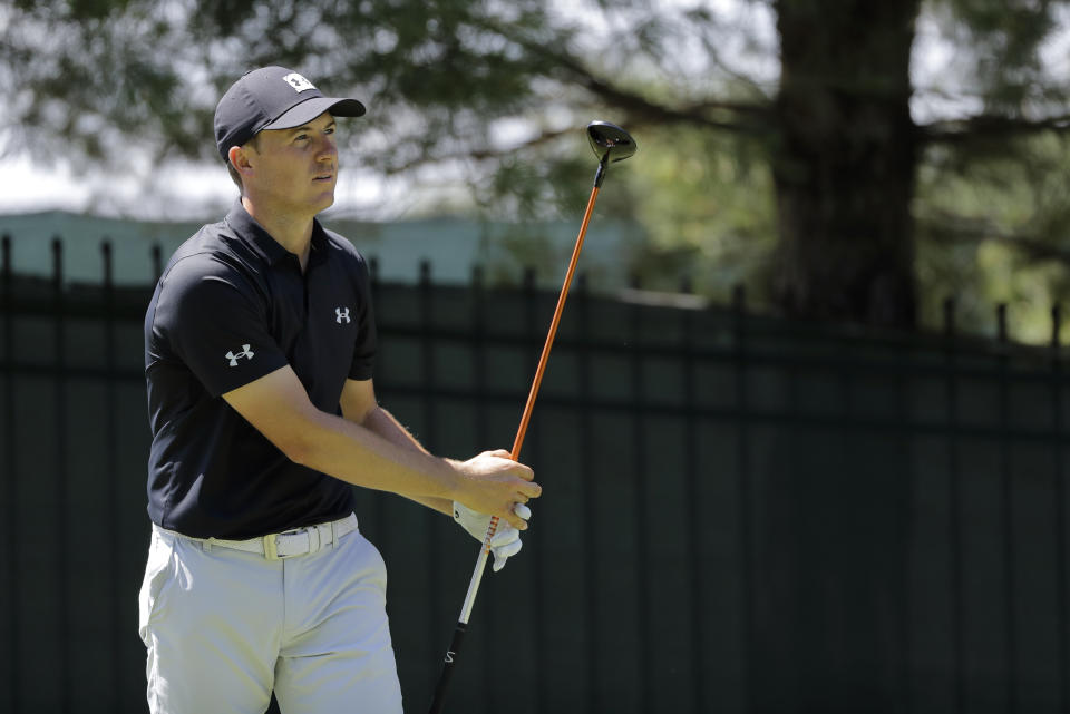 Jordan Spieth watches his tee shot on the 11th hole during the first round of the Travelers Championship golf tournament at TPC River Highlands, Thursday, June 25, 2020, in Cromwell, Conn. (AP Photo/Frank Franklin II)