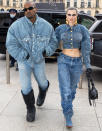<p>Kanye West and Julia Fox get ready for their red carpet debut in matching denim outfits at Paris Men's Fashion Week in France on Jan 23.</p>