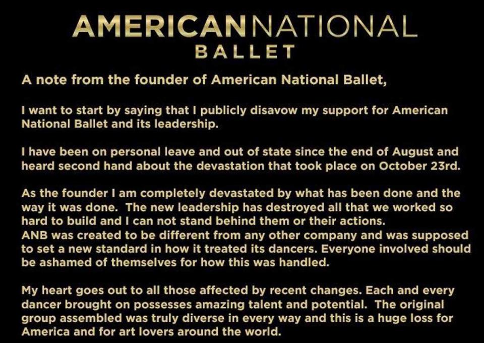 In October, Ashley left the ballet company and new leadership fired half of the dancers. Ashley posted on the ballet's social media pages that she was devastated, and that the new leadership destroyed all that they worked so hard to build. 