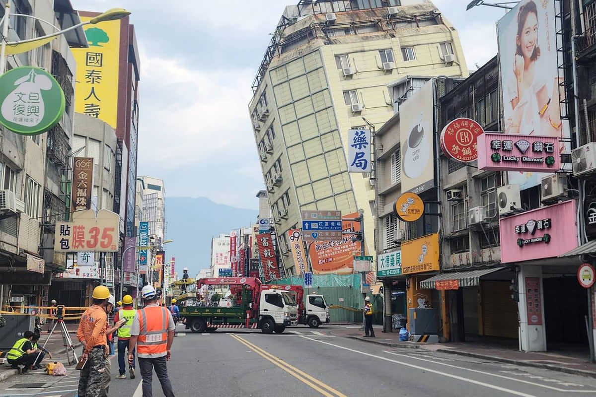 The Full Hotel building in Hualien was pushed further to one side by the earthquakes overnight (CNA/AFP via Getty Images)