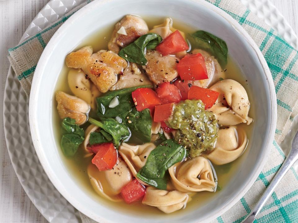 Chicken, Tortellini, and Spinach Soup with Pesto