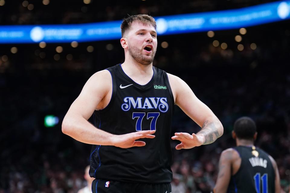 Dallas Mavericks guard Luka Doncic (77) reacts in the third quarter against the Boston Celtics during game one of the 2024 NBA Finals at TD Garden.