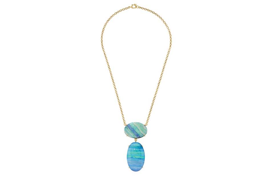 One-of-a-kind Mixed Shape Boulder Opal pendant necklace in 18-karat yellow gold; $23,000, at Irene Neuwirth, West Hollywood