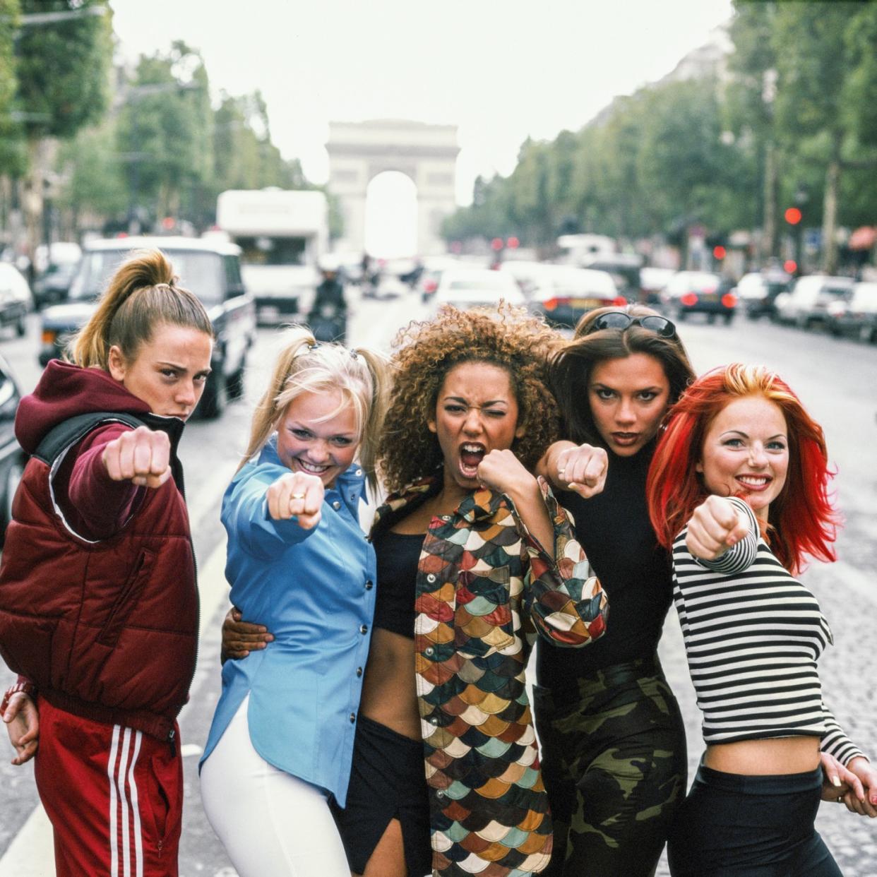  English pop group The Spice Girls, Paris, September 1996. Left to right: Melanie Chisholm, Emma Bunton, Melanie Brown, Victoria Beckham and Geri Halliwell aka Sporty, Baby, Scary, Posh and Ginger Spice. 