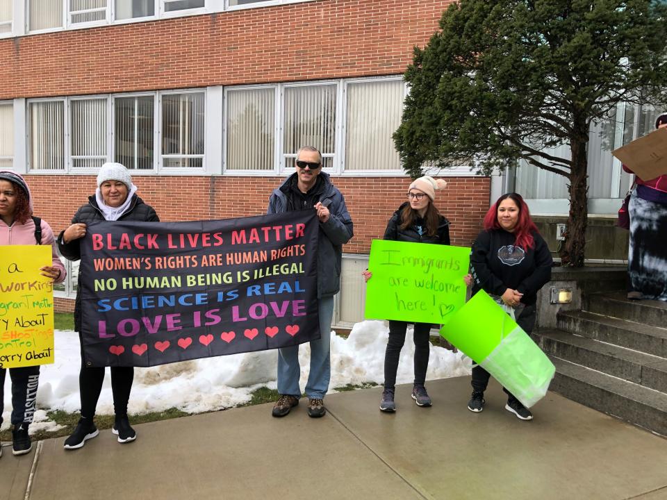 Community activists stand outside the Rockland County office building in New City on Thursday, March 2, 2023, prior to a press conference by  Rockland County Executive Ed Day and U.S. Rep. Michael Lawler addressing an "influx of migrants" to the county.