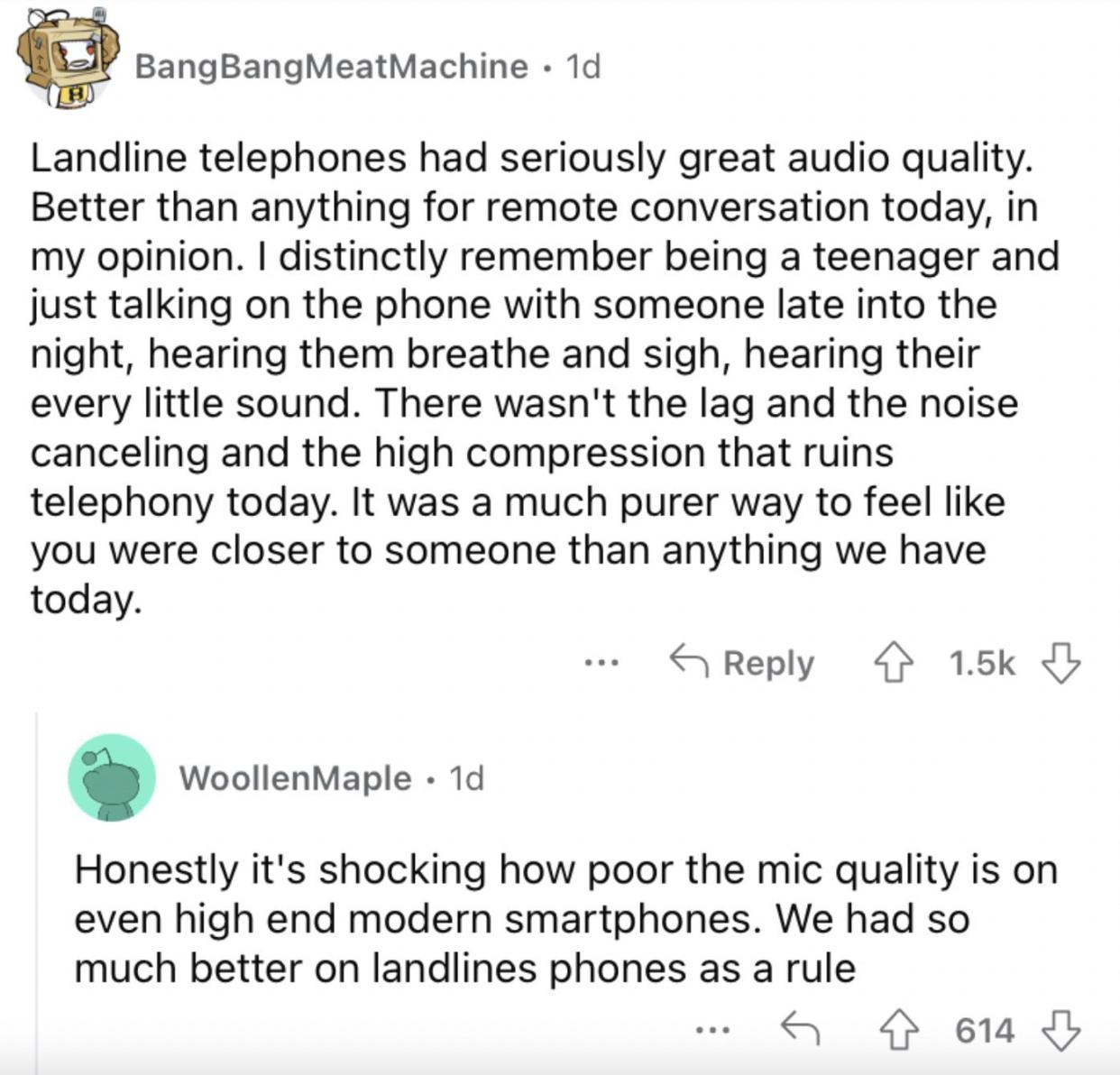 Reddit screenshot about landline phones having great audio quality.